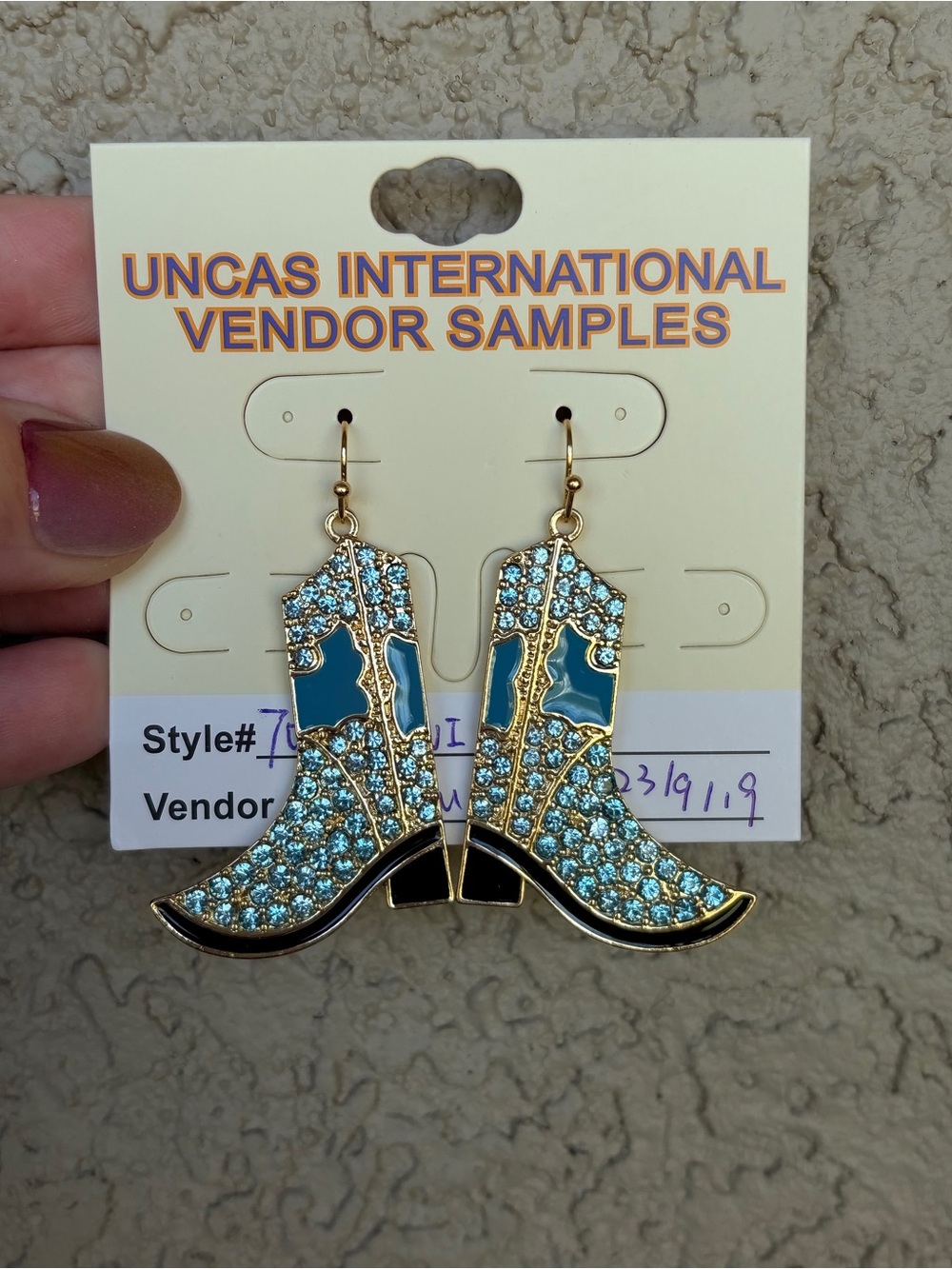 Western Gold-Tone Blue Crystal Cowgirl Boot Drop Earrings